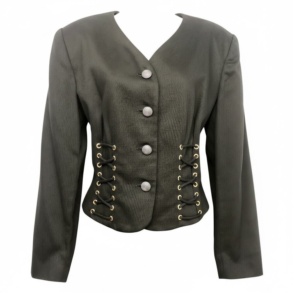 Scaasi Black Vintage Whimsygoth Y2k Corset Lace Jacket V Neck 4 Button Front